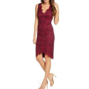 Eliza J Burgundy Lace Sheath Tulip Hem V-Neck Sleeveless Cocktail Dress
